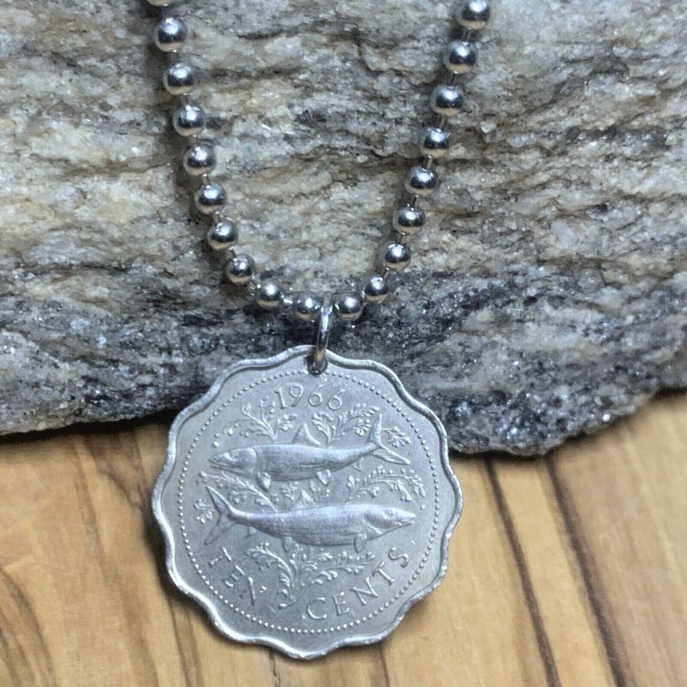 1966 Bahama Islands 10 Cents Coin Pendant Bahamian Fish